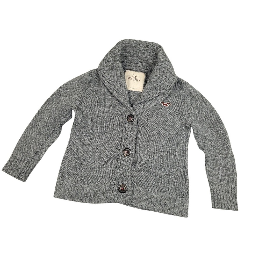 Vintage Hollister Chunky Knit Cardigan Sweater Womens Small Gray Wool Blend Y2K